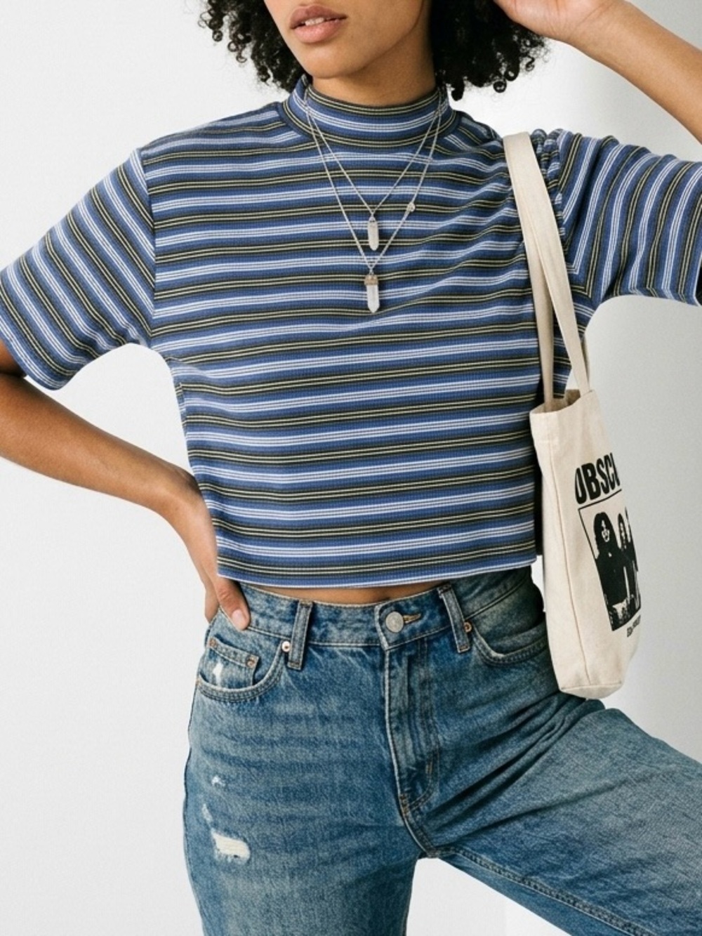 Vintage 90s Villager Liz Claiborne Striped Mock Neck Crop Top Blue Rib Knit Sz 2